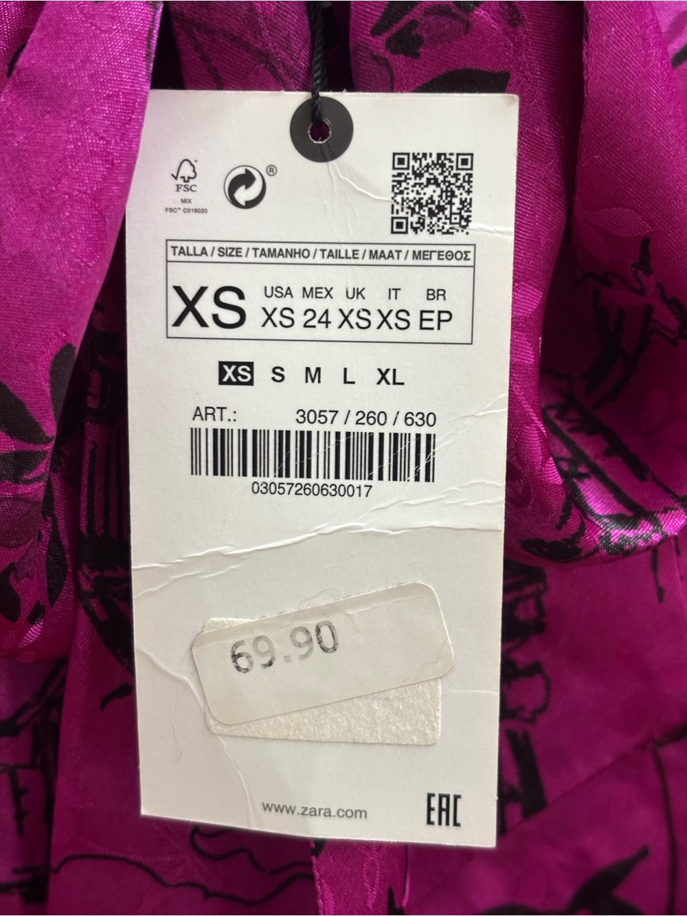 ZARA FUCHSIA & BLACK JACQUARD SATIN LIKE PRINTED JAPANESE BLOUSE, Size XS, NWT - Picture 3 of 6